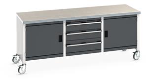 Bott Cubio Mobile Storage Workbench 2000mm wide x 750mm Deep x 840mm high supplied with a Linoleum worktop (particle board core with grey linoleum surface and plastic edgebanding), 3 x drawers (1 x 200mm & 2 x 150mm high) and 2 x 500mm high... 2000mm Width Mobile Industrial Storage Bench with cupboards & Drawers